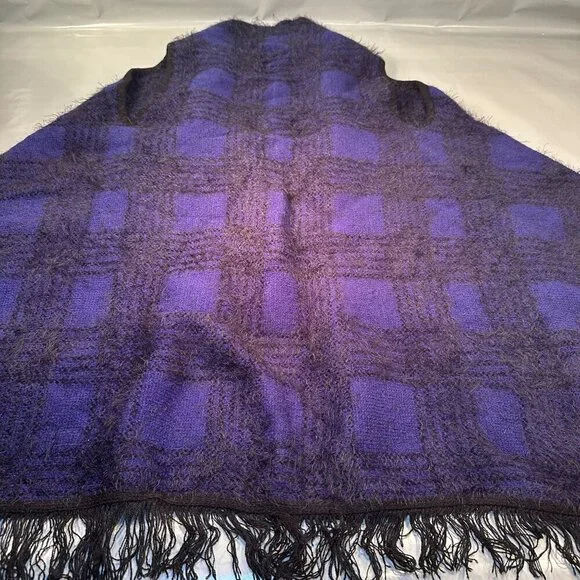 Vertigo Plaid Fuzzy Cardigan Womens Open Front Tweed Wrap Cape Boho Fringe Trim - Picture 7 of 16